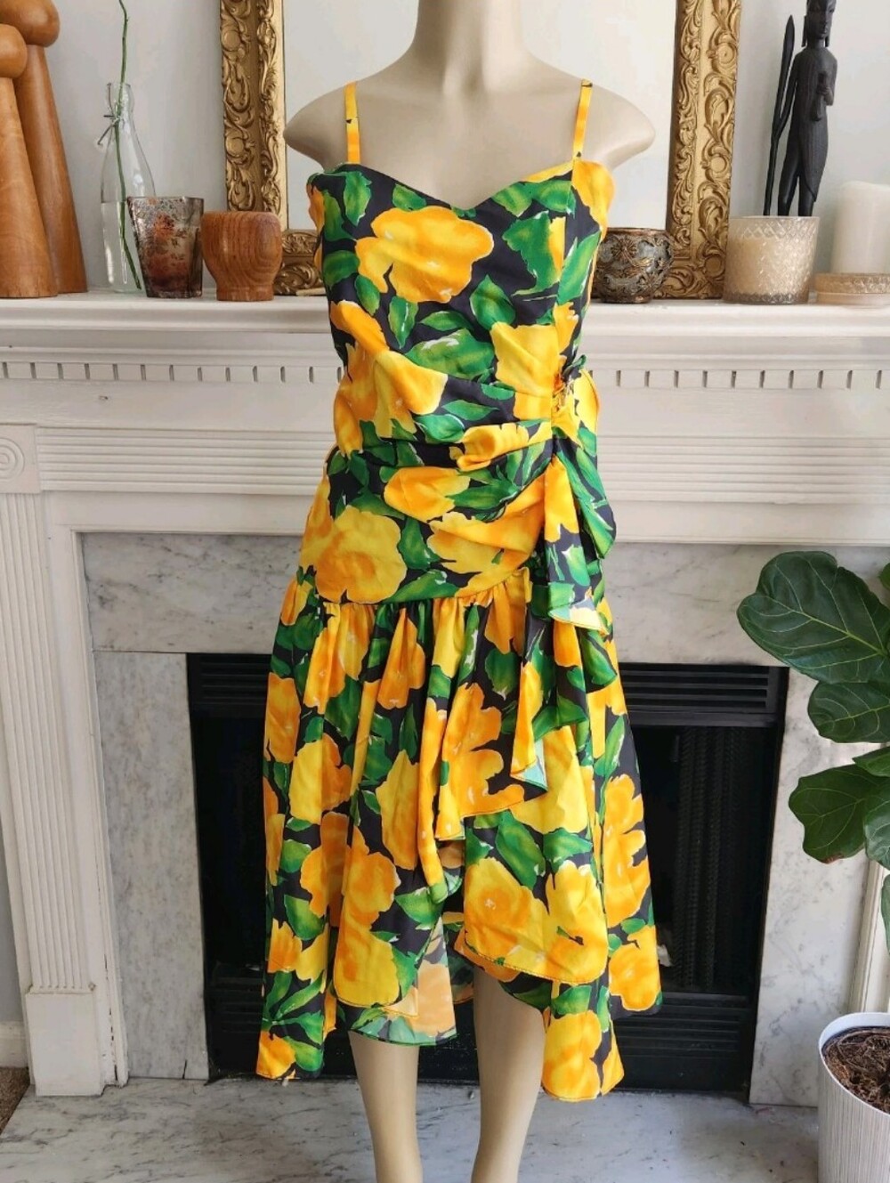 Vintage 90s Yellow Floral Dress Set Size 8 Taffeta Ruffle Bolero Resort Vacation - Picture 3 of 14